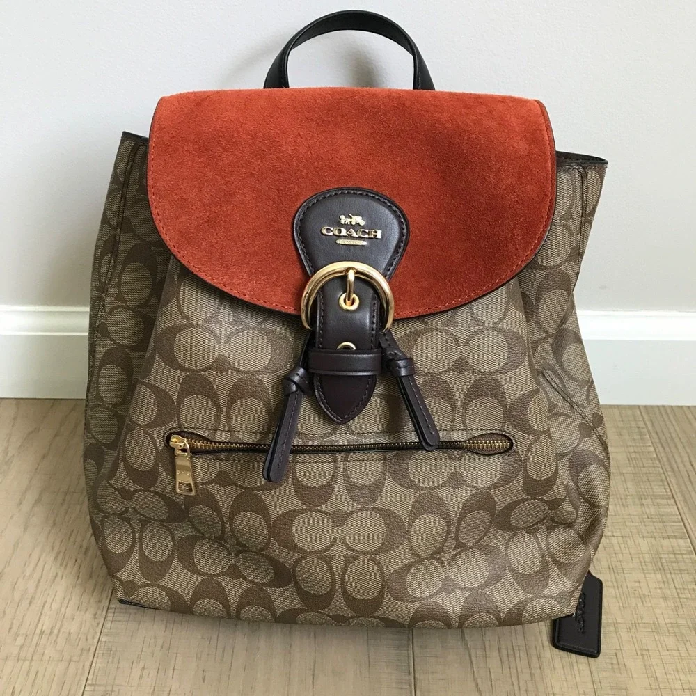 COACH Signature Suede Kleo Backpack Brown Orange Khaki Canvas Fall Autumn NEW
